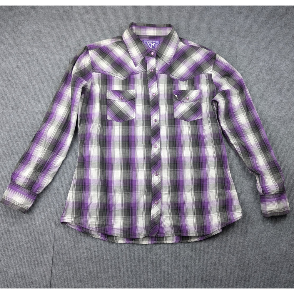 Cowgirl Hardware Pearl Snap Shirt Women Large Purple Plaid Western Rodeo Cowgirl